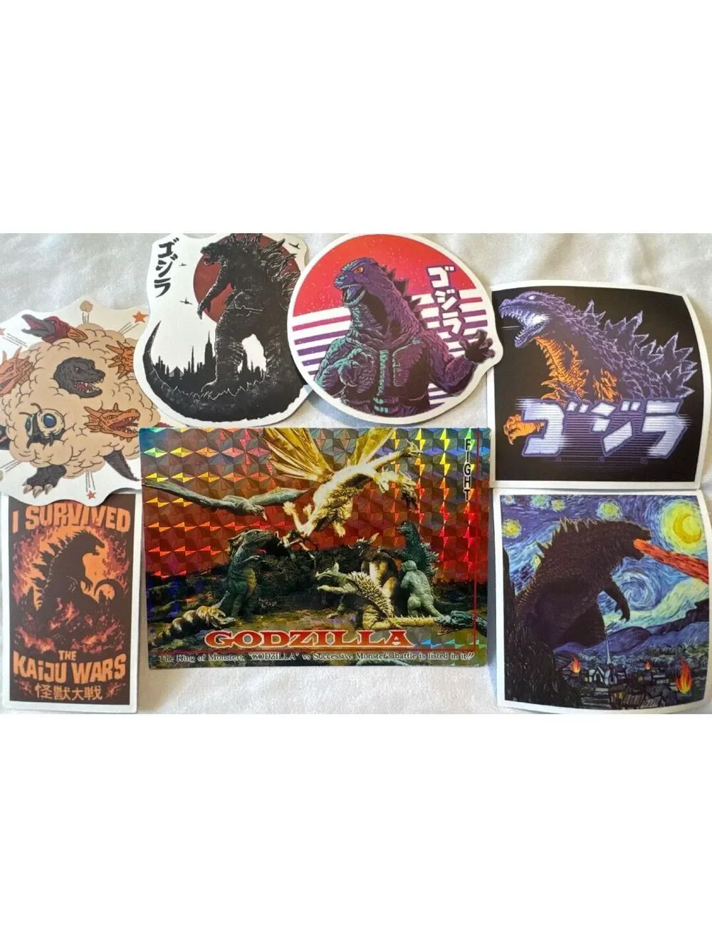 1995 Amada GODZILLA prism card #48 Showa era Destroy All Monsters & 6 Stickers